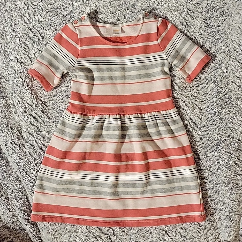 Gymboree Girls Dress Striped School Preppy Coral Gray & Cream Youth 7 EUC